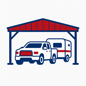 A blue and white truck is parked under a red and blue awning.